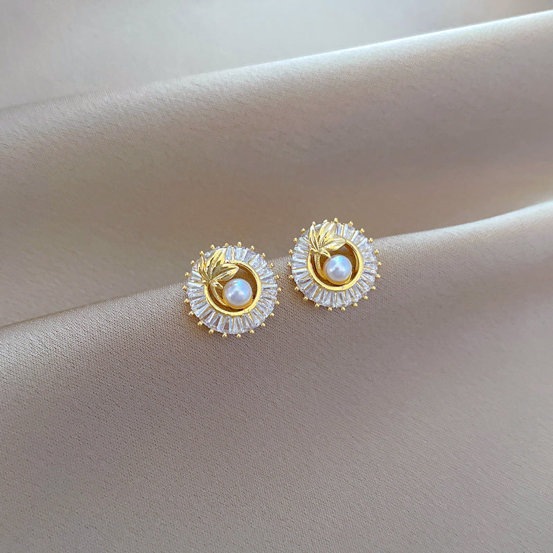 Ensemble de bijoux fantaisie, bague ronde personnalisée, collier et boucles d'oreilles en forme de feuilles, entièrement en diamants