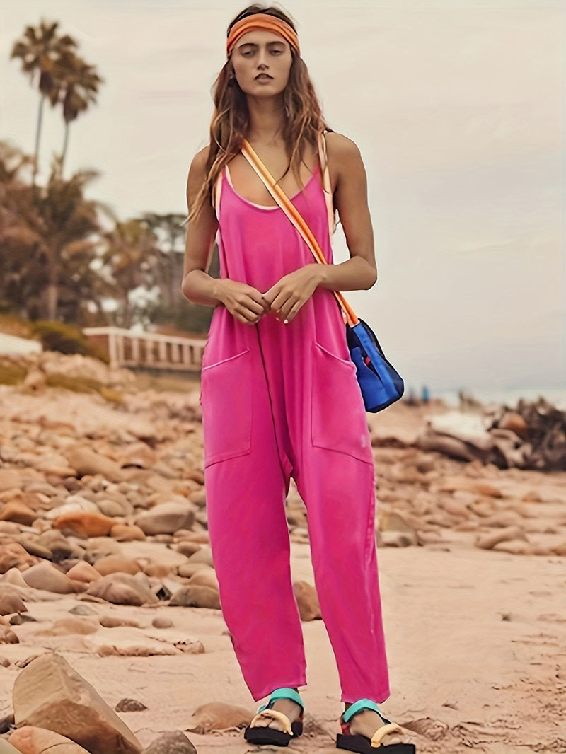 Combinaison d'été ample sans manches pour femmes, bretelles spaghetti, pantalon long, combinaison avec poches et fermeture éclair
