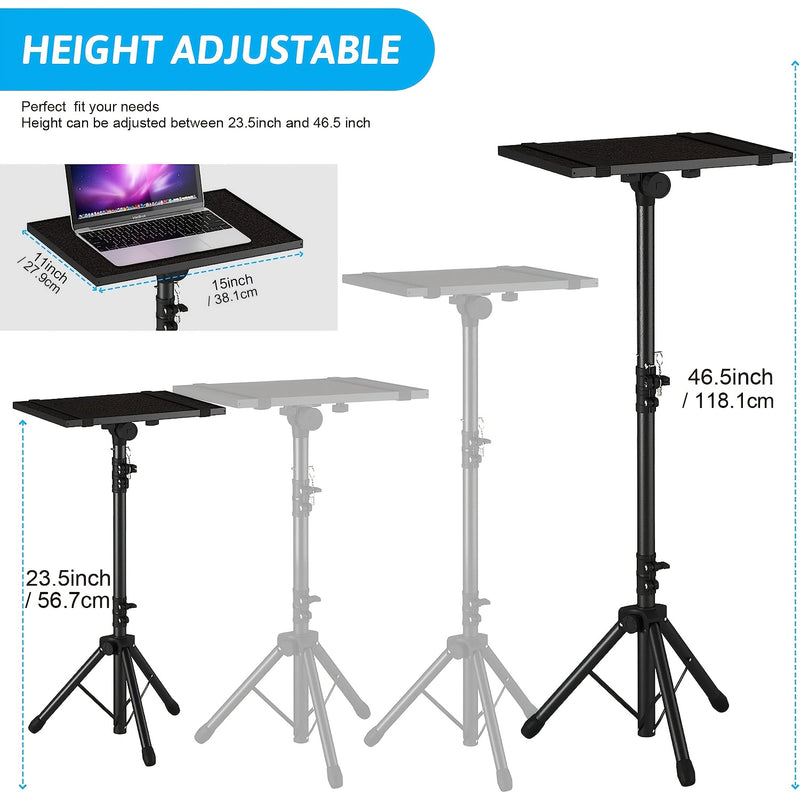 Trépied de projecteur réglable en hauteur (23,5" à 46,5") avec col de cygne et support pour téléphone et ordinateur portable.