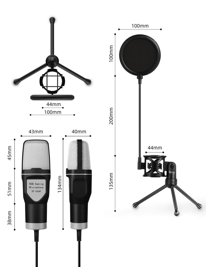 Microphone de bureau à condensateur RVB transparent pour jeux vidéo et e-sports