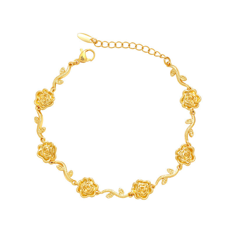 Bracelet en alliage de cuivre plaqué or avec branche de fleur givrée et rose romantique avancé