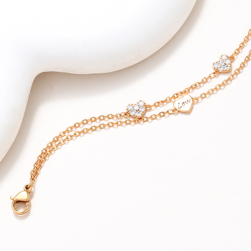 Bracelet en alliage plaqué or en forme de cœur, double couche, léger, luxueux et simple